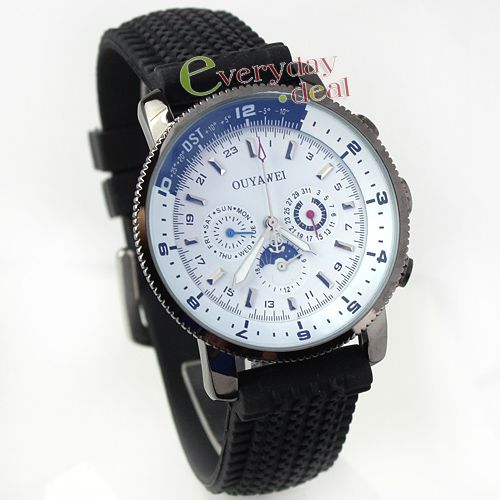 Men Auto Mechanical Watch Moonphase White Date Week 5 Hand Black Band 