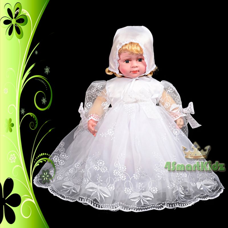 Baby Girl Infant Baptism Christening Dress Gown Bonnet Occasion White 