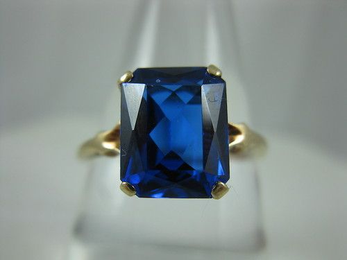   Step Cut Lab Sapphire 10k Yellow Gold Ladies Solitaire Ring  