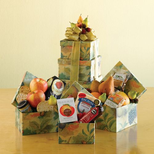   CHRISTMAS HOLIDAY TOWER GIFT BASKETS FRUIT CHOCOLATE BAKED GOODS